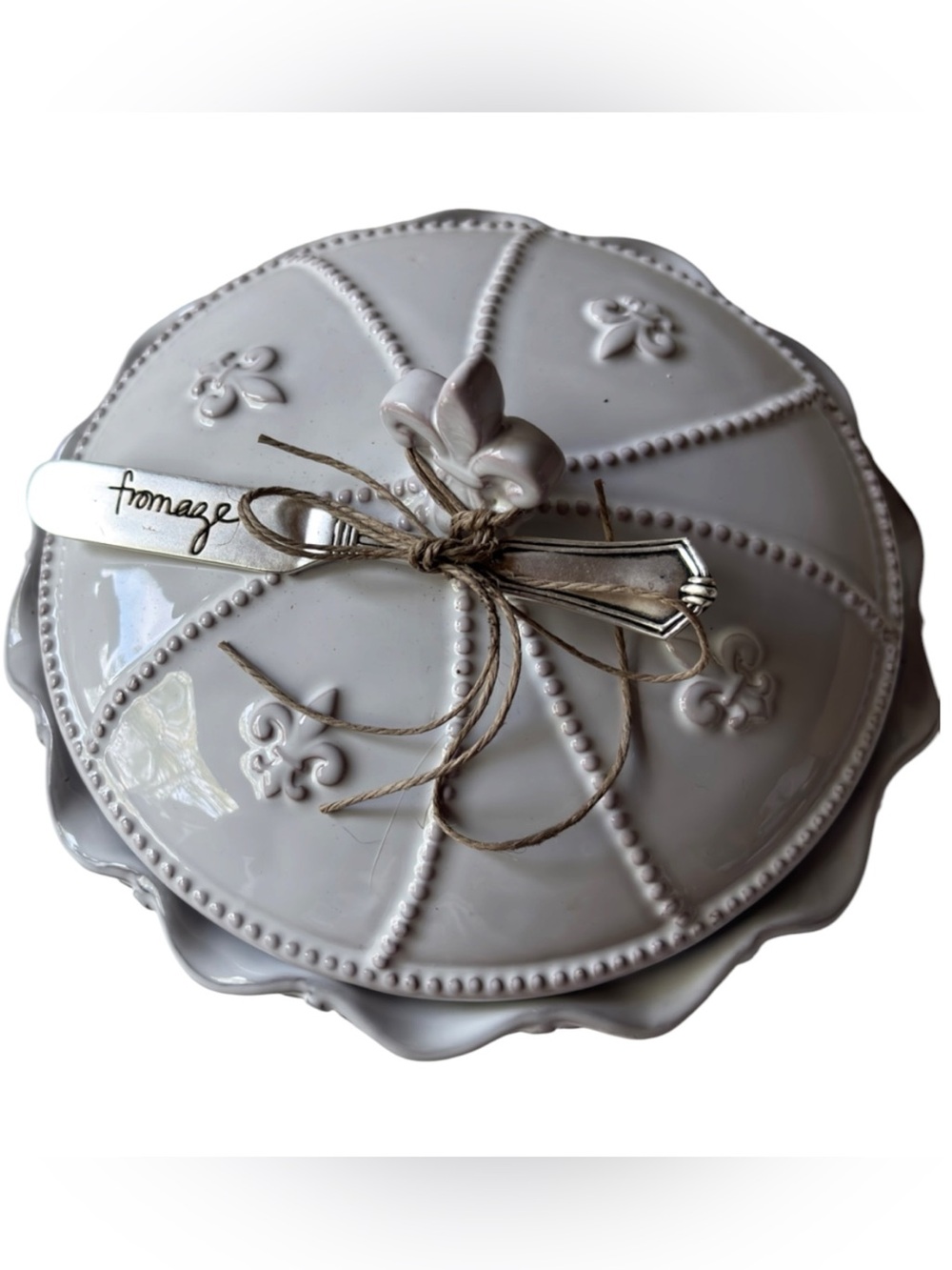 Mud Pie Fleur De Lis Ceramic Brie Baker Set with Fromage Spreader